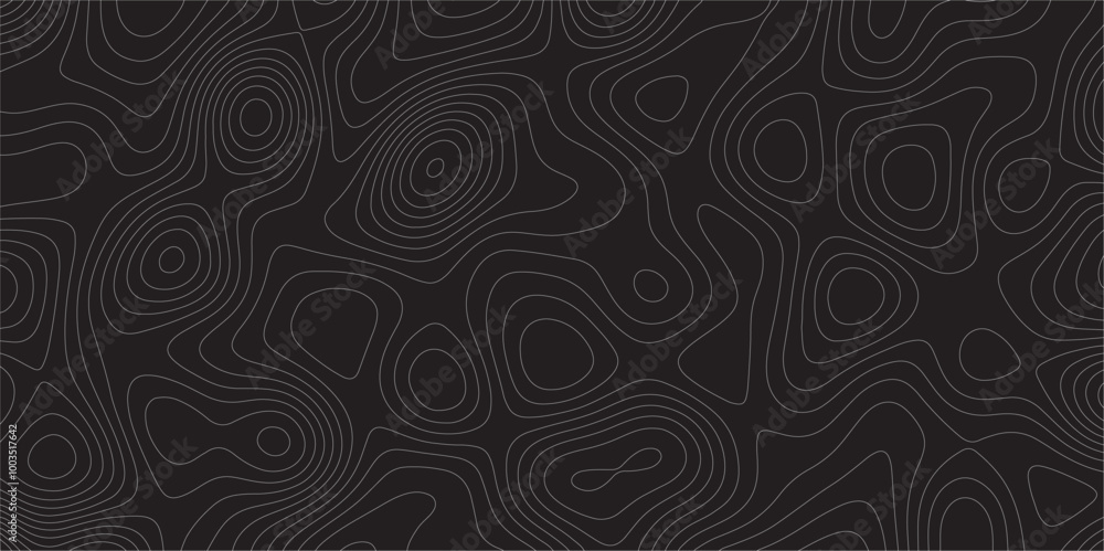 Poster Abstract white on black background Topographic line map pattern. Contour elevation topographic and textured Background Modern design with black background with topographic wavy patted.	