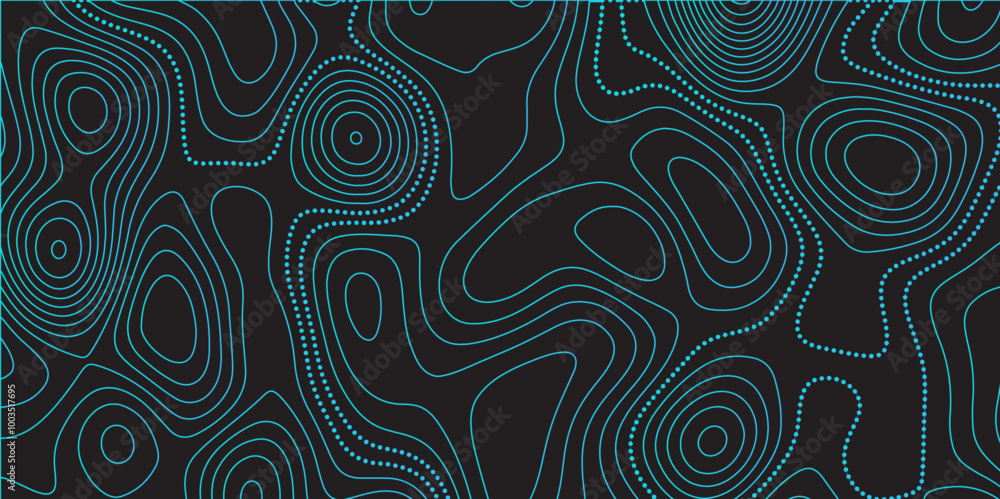 Poster Abstract black colorful gradient Topographic line map pattern background. Contour elevation topographic and textured Background Modern design with black background with topographic wavy Patte and dot	