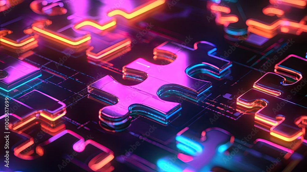 Poster neon puzzle pieces aligning perfectly in a futuristic digital space, representing api integration an