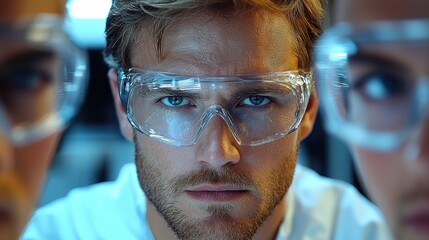 Fototapeta premium A focused scientist wearing safety goggles analyzes data in a laboratory setting during a research session at midday