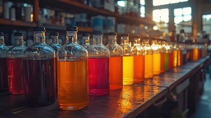 Colorful glass bottles filled with various liquids illuminated by warm sunlight in a workshop setting during sunset