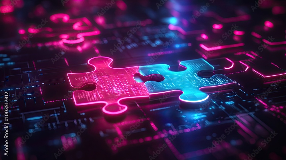 Poster neon puzzle pieces aligning perfectly in a futuristic digital space, representing api integration an