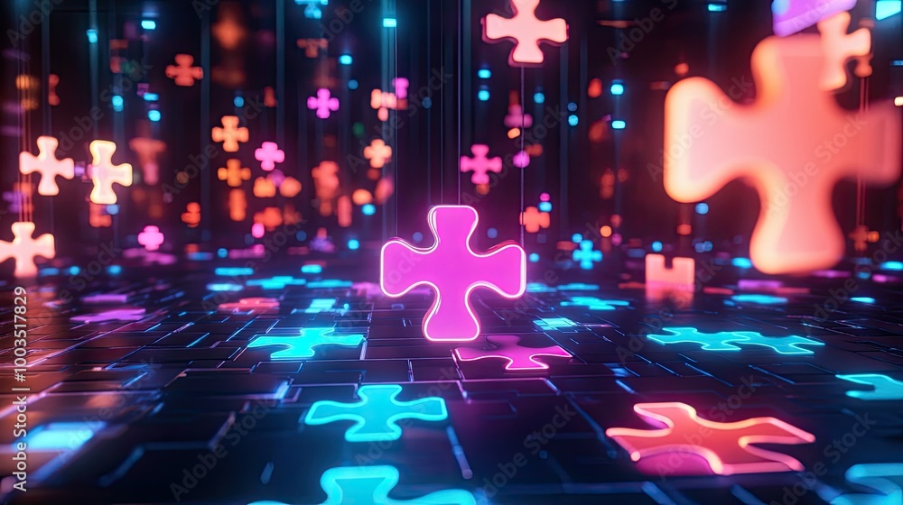 Poster neon puzzle pieces floating in a futuristic digital space, representing efficient api integration in