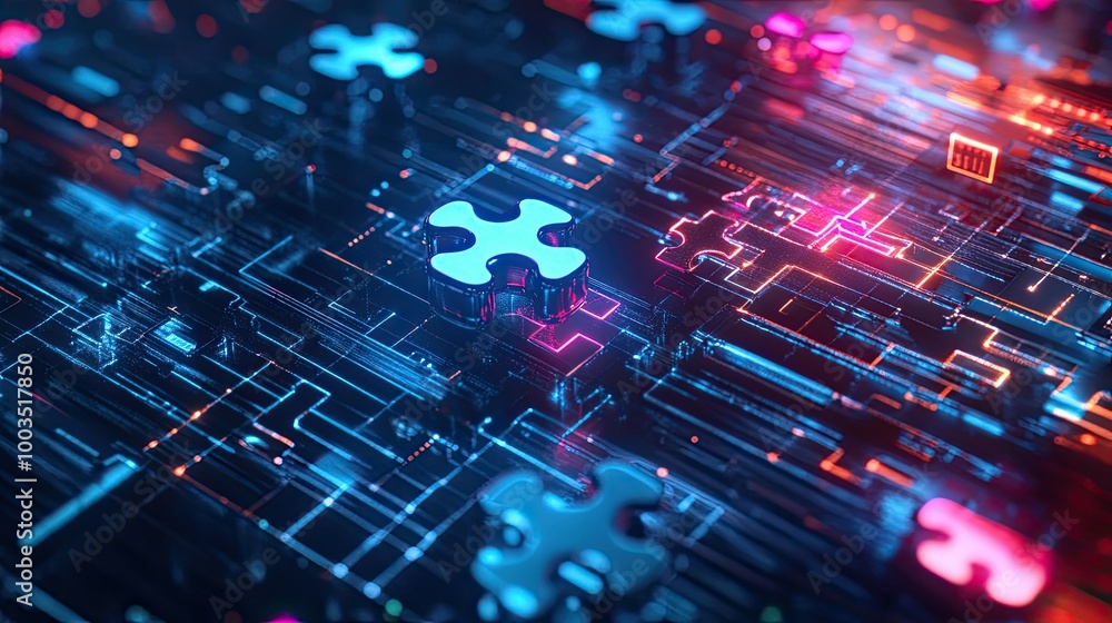 Poster neon puzzle pieces floating in a futuristic digital space, representing efficient api integration in