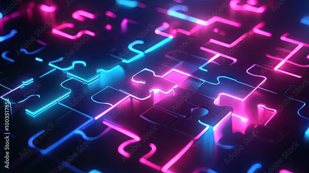 Poster neon puzzle pieces floating in a futuristic digital space, representing efficient api integration in
