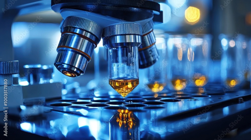 Poster microscope analyzing liquid samples in a laboratory setting during an evening research session