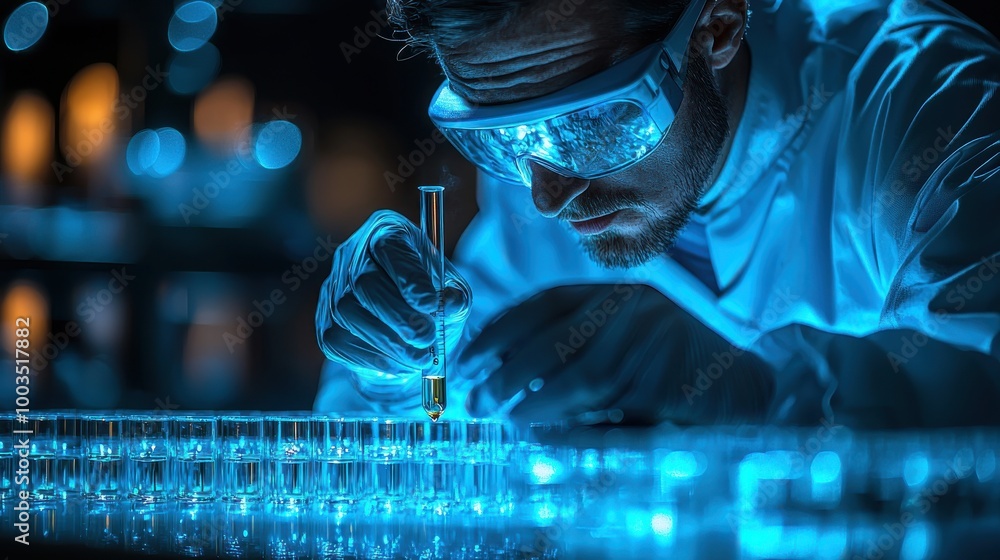 Poster scientist conducting experiments in a laboratory under blue lighting, focusing intently on a test tu
