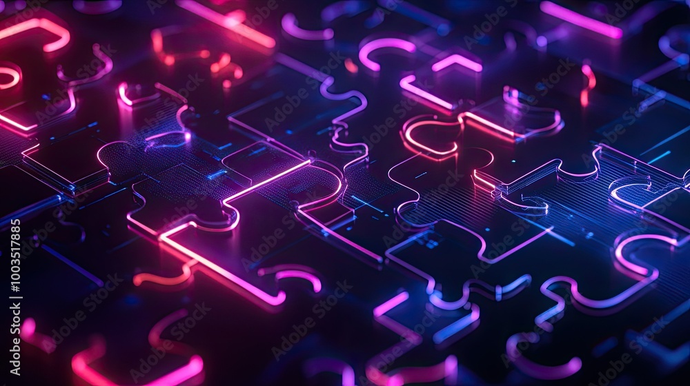 Poster neon puzzle pieces interlocking in a futuristic tech background, symbolizing api integration and sys