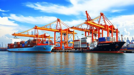 Large cargo ship docked at a port with cranes and containers, symbolizing a port strike, highlighting the scale of the port and the absence of activity.