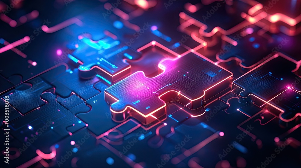 Poster neon puzzle pieces interlocking on a glowing digital background, representing api integration in mod