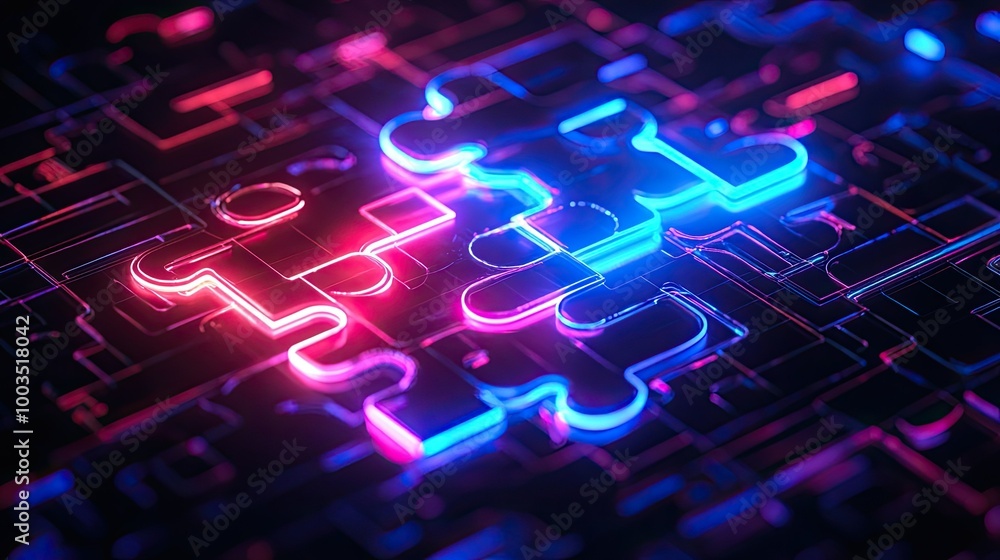 Poster neon puzzle pieces interlocking on a glowing digital background, representing api integration in mod