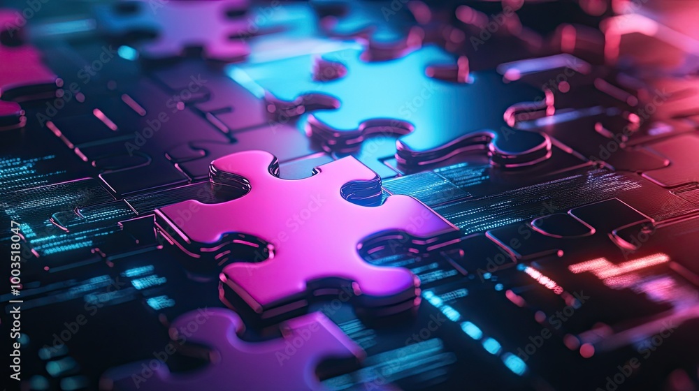 Poster neon puzzle pieces interlocking on a glowing digital background, representing api integration in mod