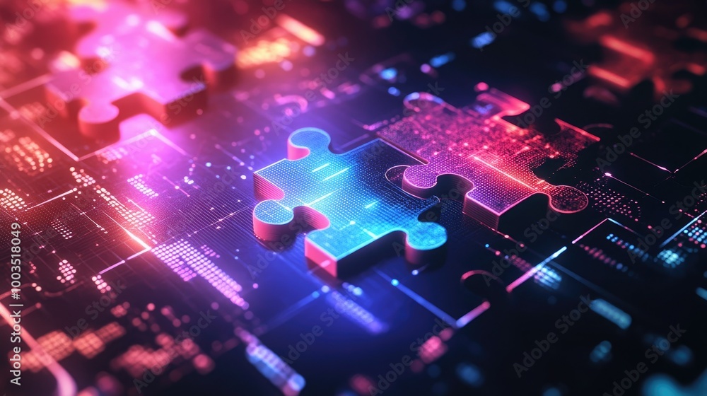 Poster neon puzzle pieces interlocking on a glowing digital background, representing api integration in mod