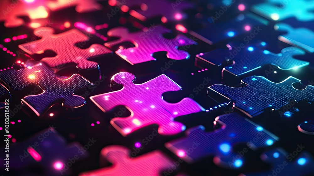 Poster neon puzzle pieces interlocking on a tech-centric digital background, symbolizing api integration in