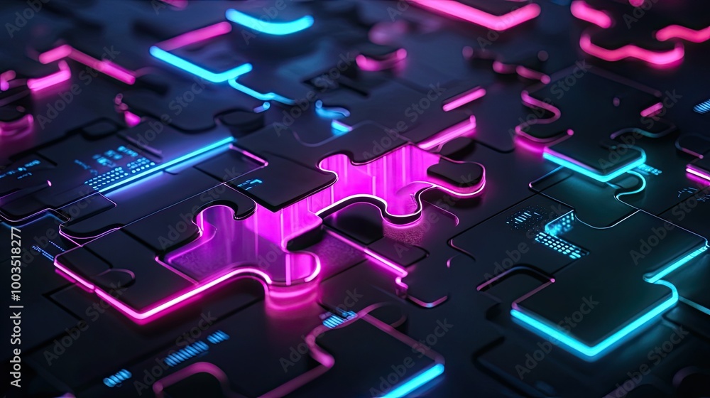 Poster neon puzzle pieces locking into place on a futuristic digital interface, representing api integratio