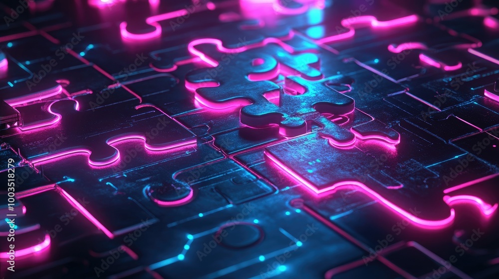 Poster neon puzzle pieces locking into place on a futuristic digital interface, representing api integratio
