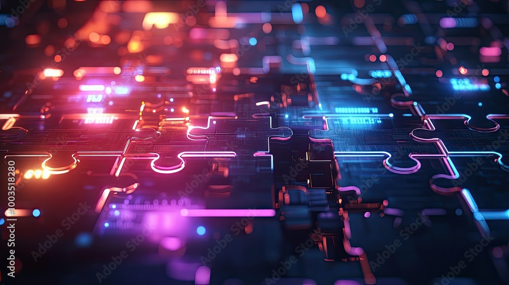 Poster neon puzzle pieces merging into a complex system, illustrating api integration in a high-tech enviro