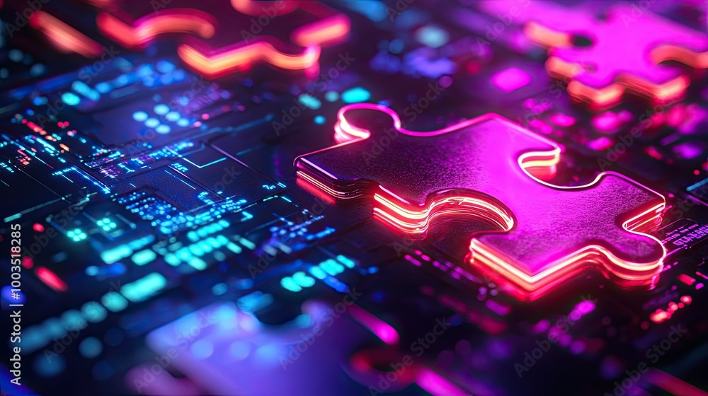 Poster neon puzzle pieces locking into place on a futuristic digital interface, representing api integratio