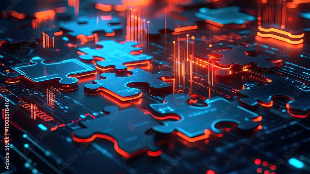 Poster neon puzzle pieces merging on a futuristic digital screen, symbolizing efficient api integration and
