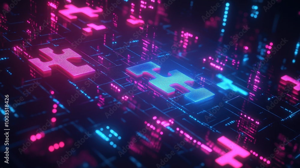 Poster neon puzzle pieces merging on a futuristic digital screen, symbolizing efficient api integration and