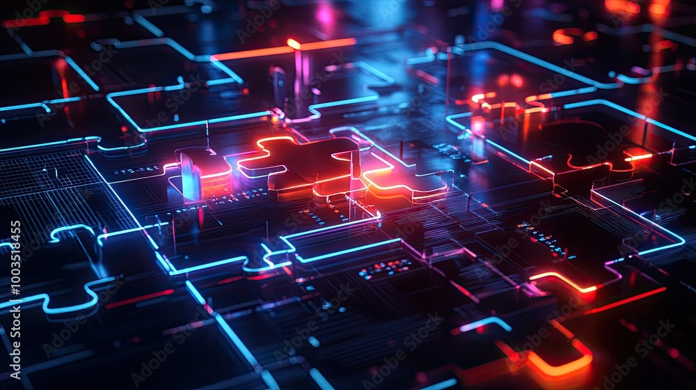 Poster neon puzzle pieces merging on a futuristic digital screen, symbolizing efficient api integration and