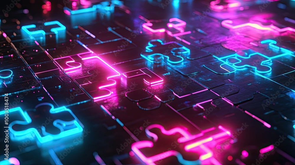 Poster neon puzzle pieces merging on a futuristic digital screen, symbolizing efficient api integration and