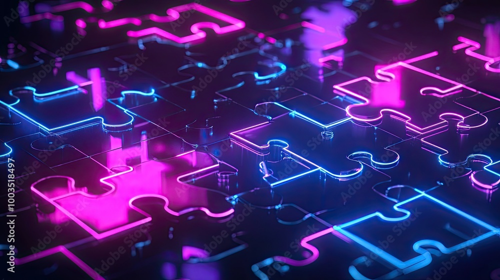 Poster Neon puzzle pieces on a glowing digital interface, symbolizing API integration and interconnected systems