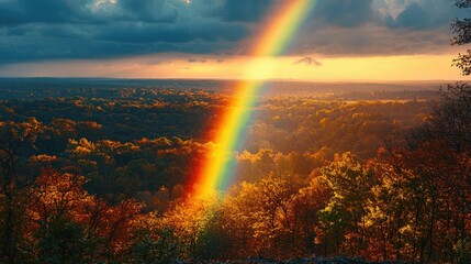 As the sun sets behind the horizon, a stunning rainbow emerges, casting its colorful arch over a tranquil forest filled with autumn foliage. The scene radiates warmth and peace