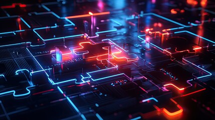 Obraz premium Neon puzzle pieces merging on a futuristic digital screen, symbolizing efficient API integration and data connectivity
