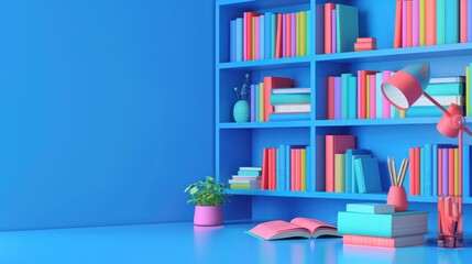 Book library illustration, Education banner on dark blue background, copy space. AI generated images
