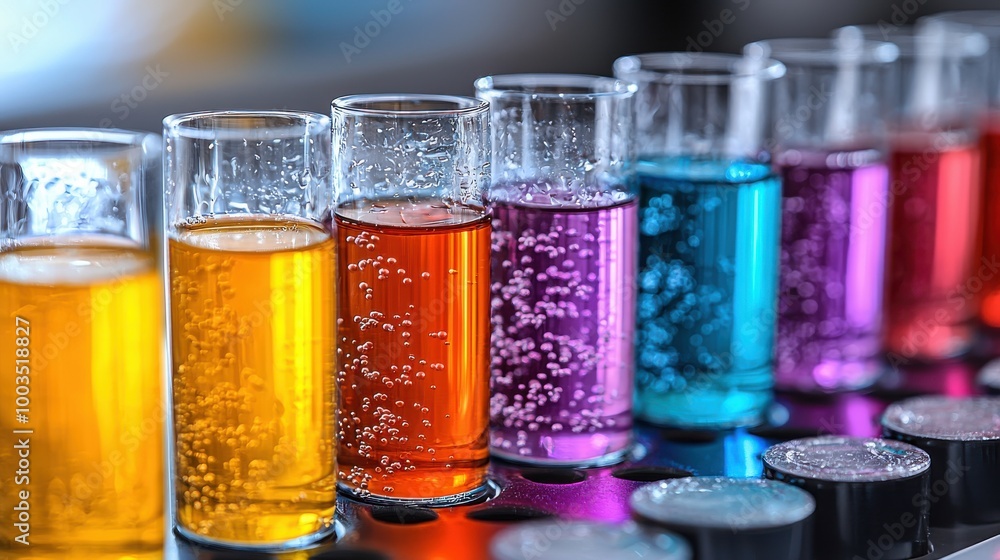 Poster colorful test tubes filled with bubbling liquids displayed on a laboratory table during a science ex