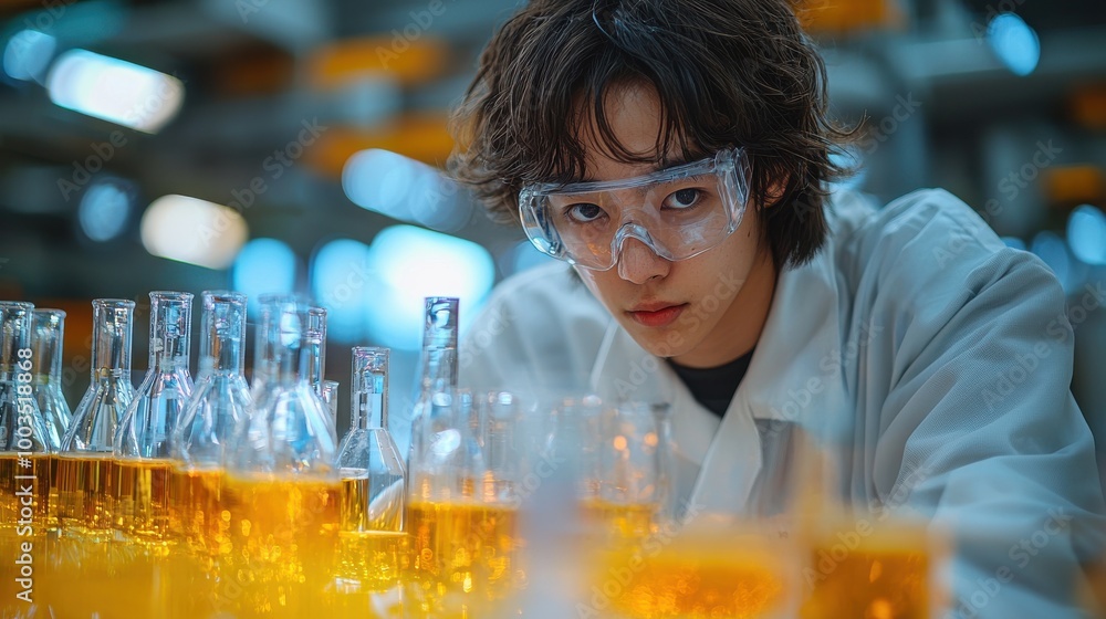 Poster young scientist conducts experiments with colorful liquids in a laboratory setting during the day