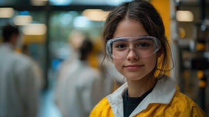 Young student wearing safety goggles smiles confidently while participating in a science experiment at a laboratory during the day