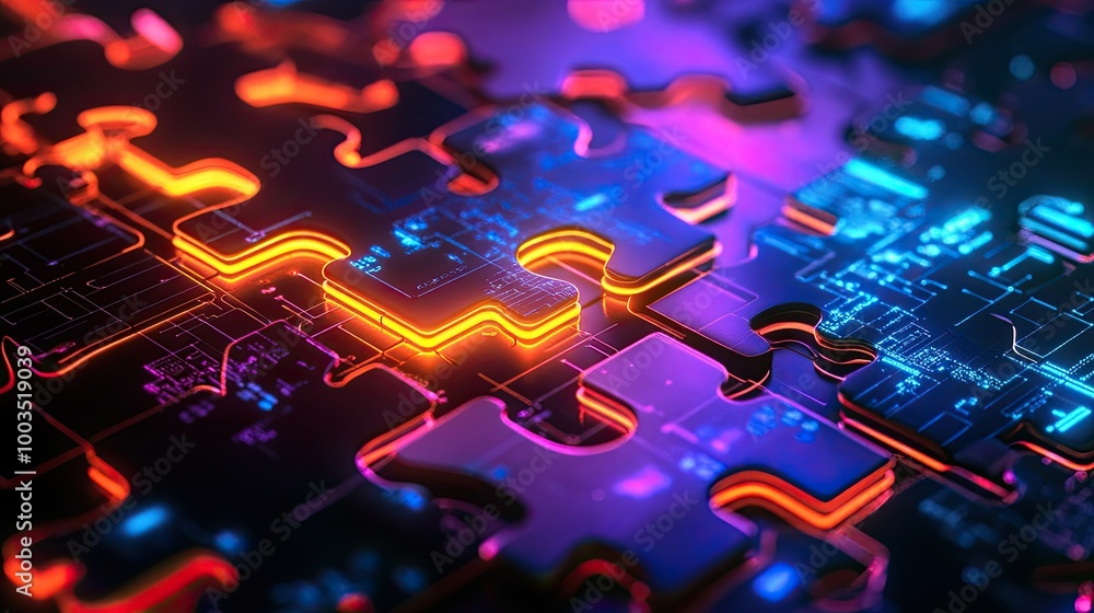Poster Neon-colored puzzle pieces assembling on a glowing platform, representing efficient API integration and technology systems