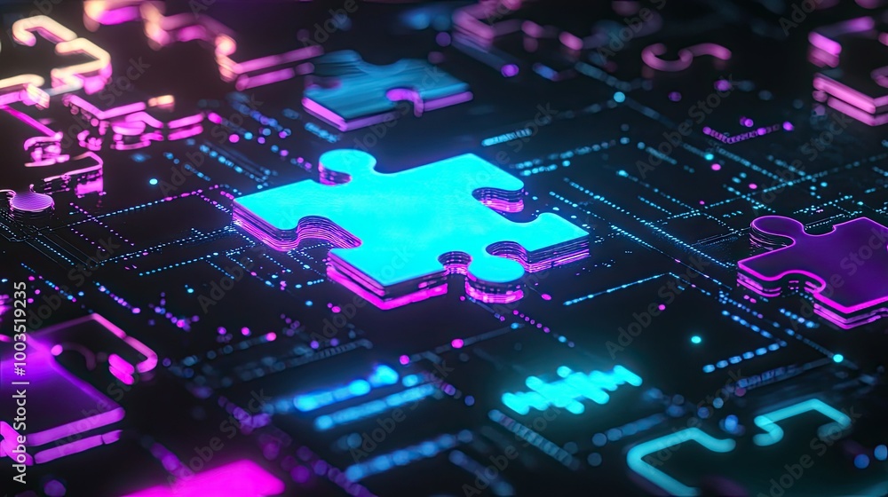 Poster neon-colored puzzle pieces interlocking on a futuristic digital background, symbolizing seamless api