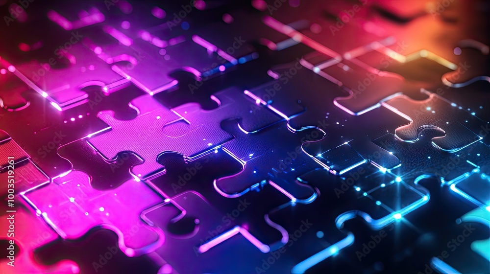 Poster neon-colored puzzle pieces interlocking on a futuristic digital background, symbolizing seamless api