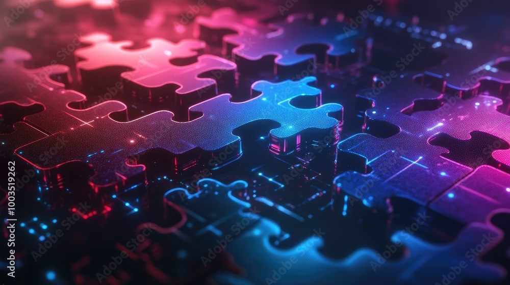 Poster neon-colored puzzle pieces interlocking on a futuristic digital background, symbolizing seamless api