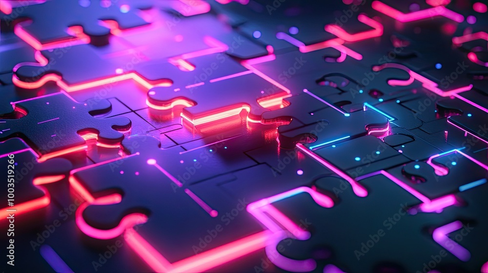 Poster neon-colored puzzle pieces locking into place on a glowing digital platform, symbolizing api integra