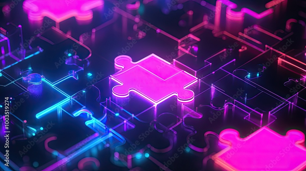 Poster neon-colored puzzle pieces locking into place on a glowing digital platform, symbolizing api integra