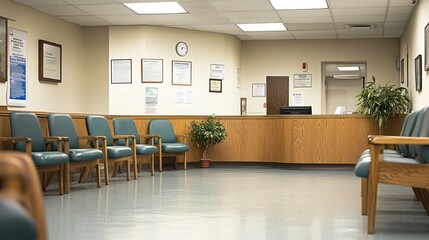 A waiting area in a medical facility with chairs and a reception desk.