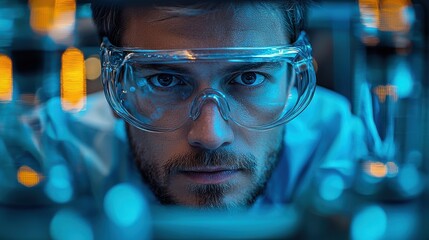 A focused scientist examines laboratory experiments in a modern lab under blue lighting during the research phase of a project