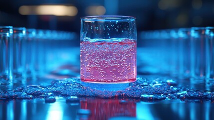 A vibrant glass of pink liquid surrounded by test tubes in a lab setting illuminated by blue lighting