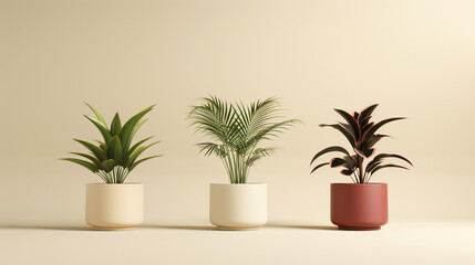 Fototapeta premium Three potted plants are lined up in a row, with one in the middle