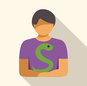 Young man standing with arms crossed, wearing a purple t shirt featuring a green snake logo, in a simple and modern vector style