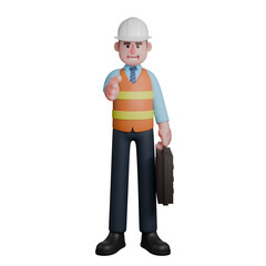 Design Professional Male. An architect stands with his left hand holding a briefcase while his right hand is outstretched as if he wants to shake hands. 3D Architect Cartoon