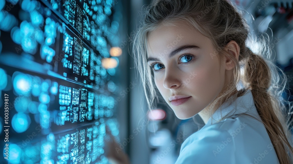 Poster young woman analyzing data on a futuristic digital display in a modern tech environment during the e