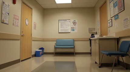 A waiting area in a medical facility with seating and informational posters.