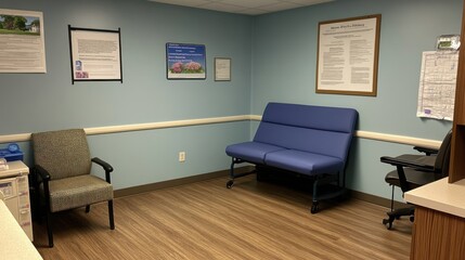 Fototapeta premium A waiting area in a medical facility with seating and informational posters.
