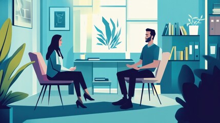 A psychologist in an office explaining to a client the subtle cues, like body language and tone,