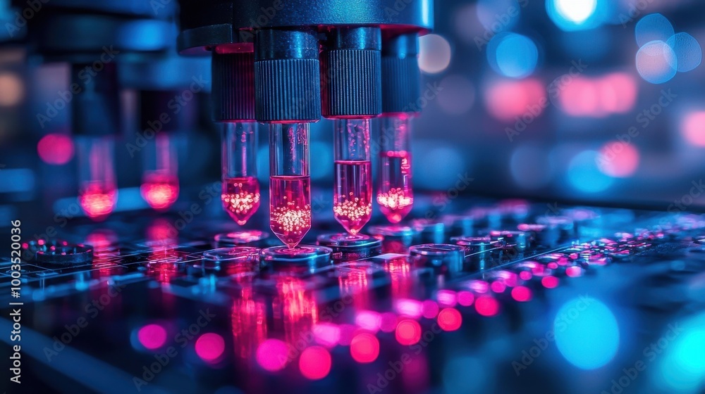Poster close-up of a high-tech laboratory setup with precision pipettes dispensing liquids onto a circuit b